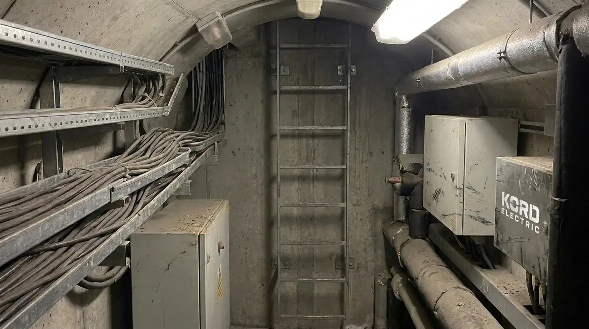 Technician inspecting NEC vault tunnel fixed ladders inside an electrical vault