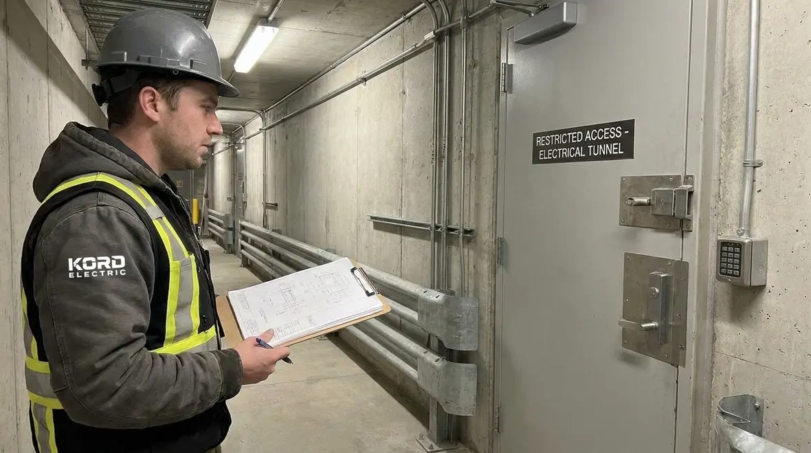 Technician planning NEC-compliant guarding for an electrical tunnel route