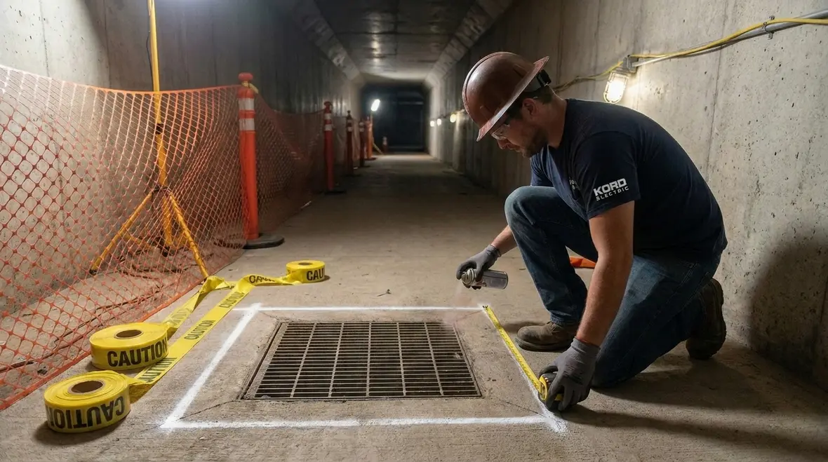 Guarded electrical vault and tunnel entrance with compliant barriers and signage