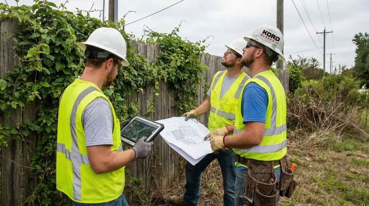 Kord Electric technicians inspecting vegetation near commercial electrical systems