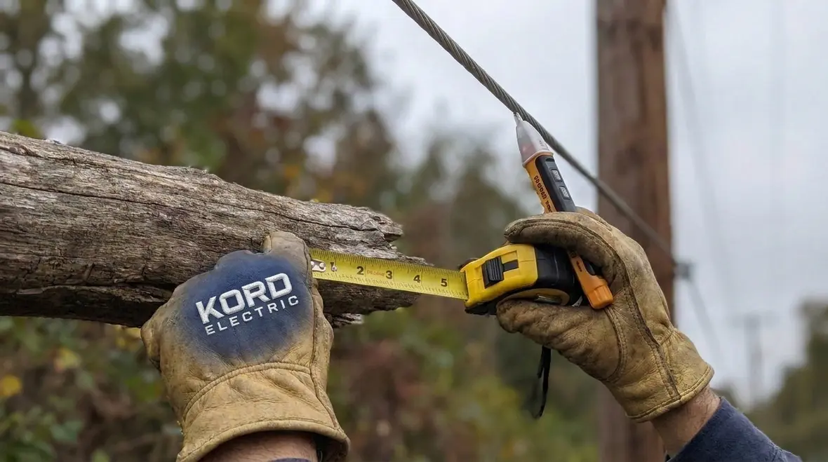 Detail view of electrical conductors near trees checked for NEC vegetation support compliance