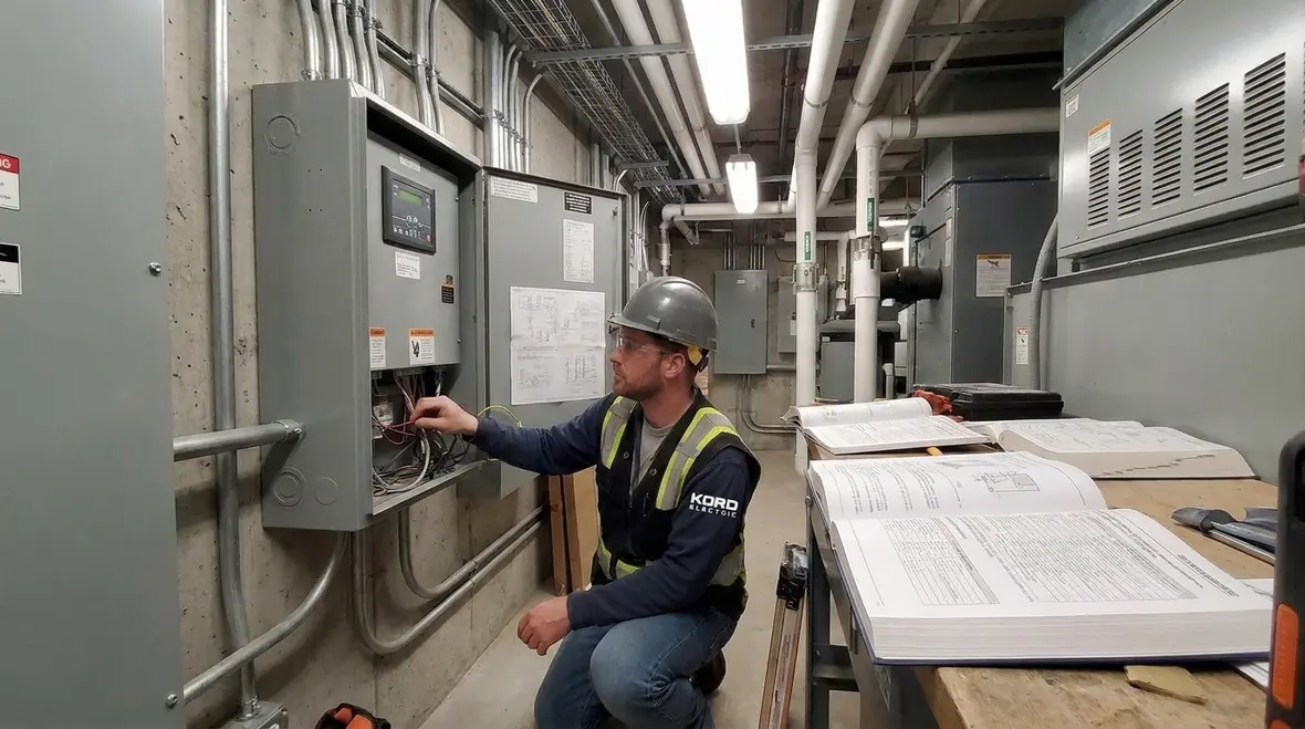 Electrician reviewing NFPA 70 110.57 ventilation control location plans in a commercial facility