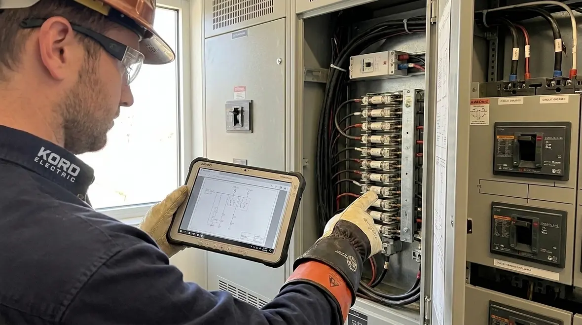Kord Electric technicians verifying NEC vertical fuse orientation on commercial switchgear