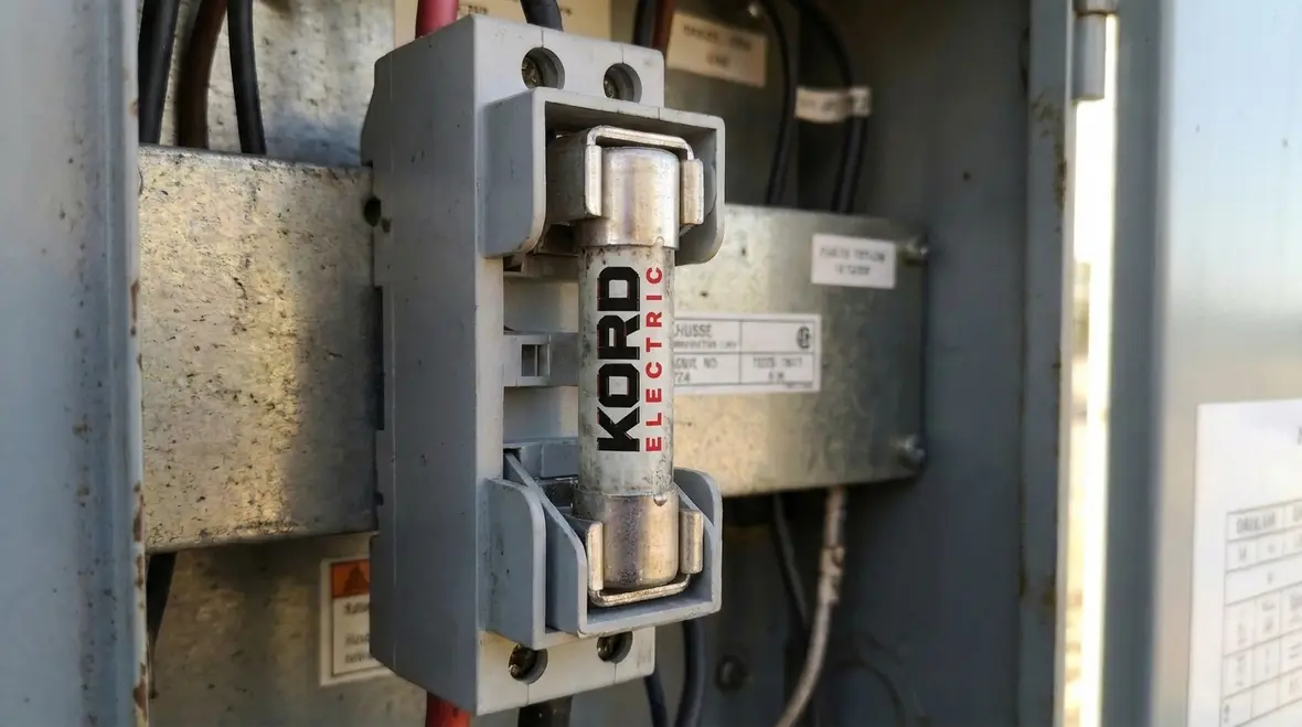 Technician reviewing NEC vertical fuse orientation in a commercial electrical panel