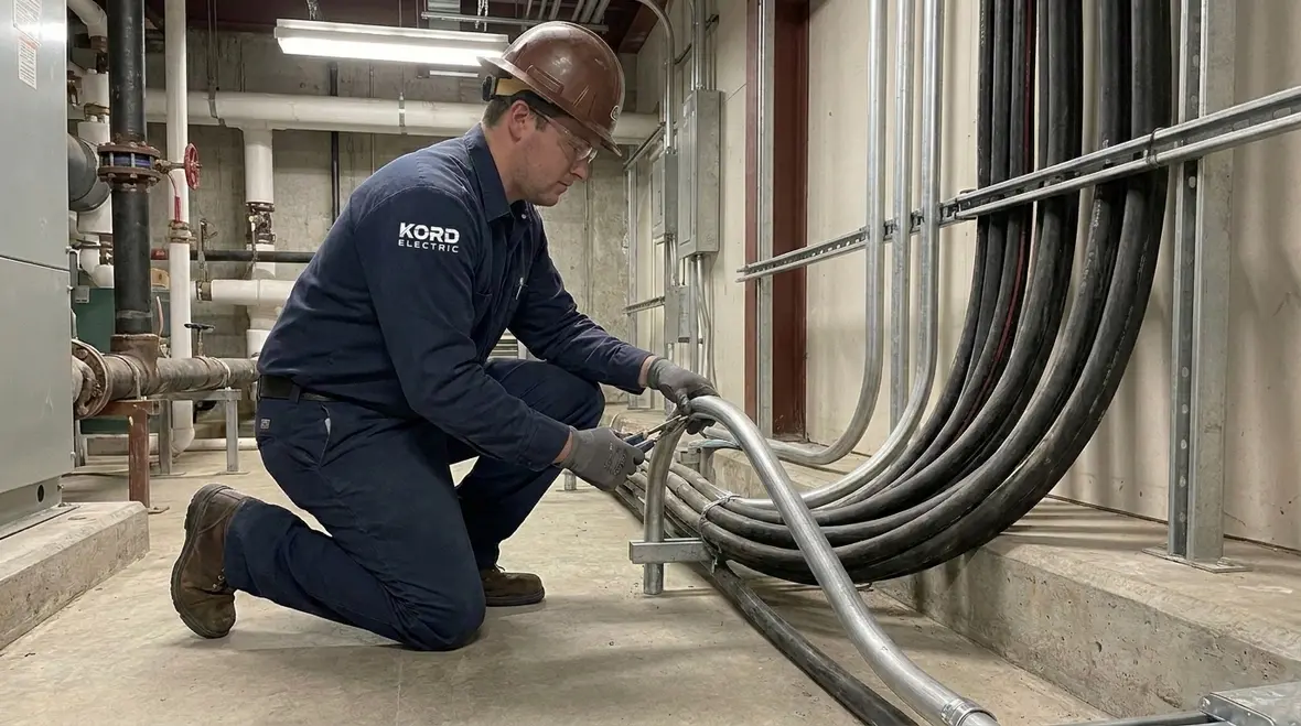 Technician evaluating NEC induced currents in ferrous raceways during an electrical upgrade