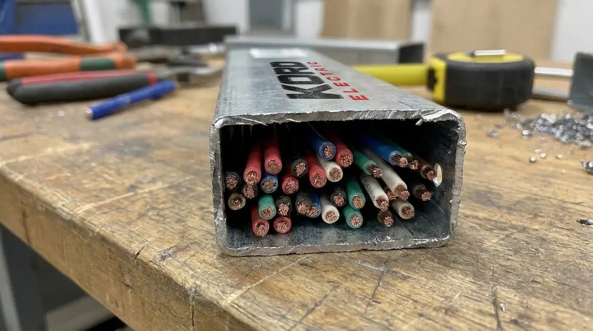 Vertical NEC-compliant ferrous raceway installation in a commercial electrical room