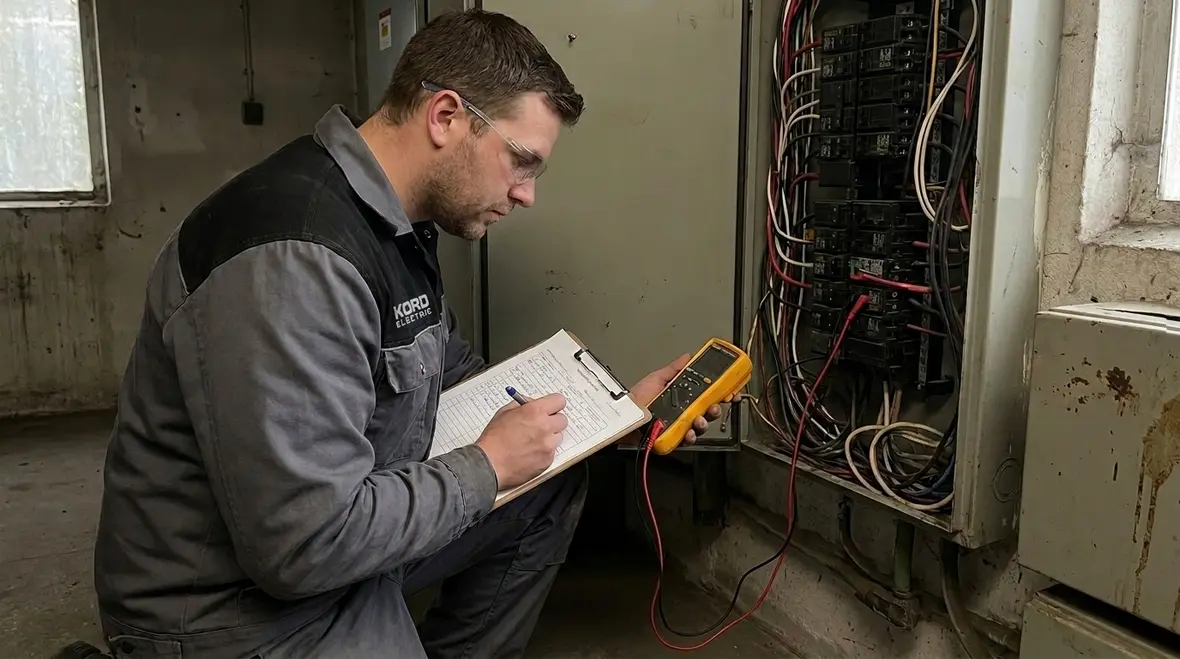 Kord Electric technician documenting NEC wiring integrity inspection results