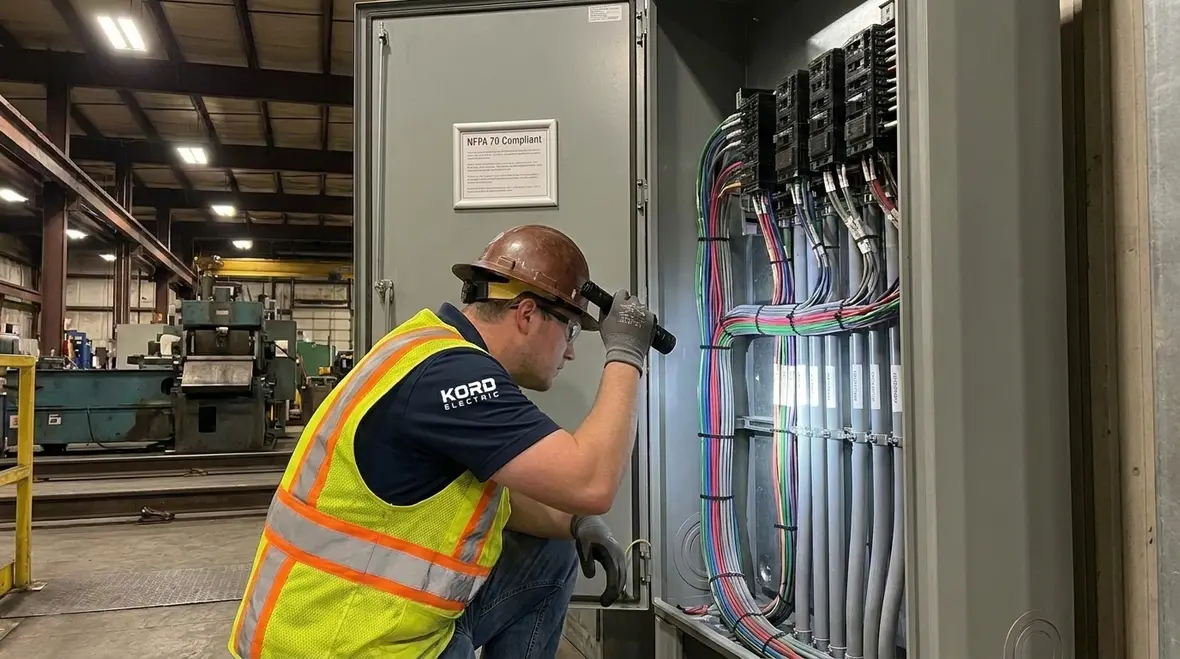 Electrician applying NEC wiring integrity workmanship standards in a commercial electrical room