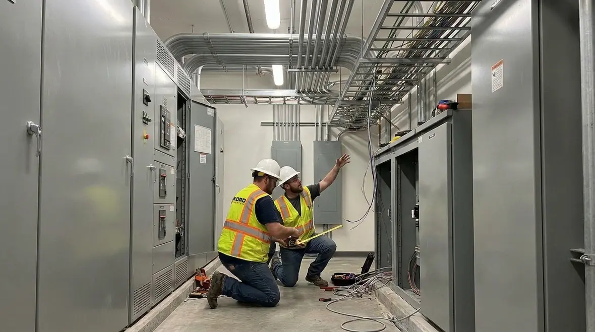 Technician mapping NEC work space dimensions around industrial electrical equipment