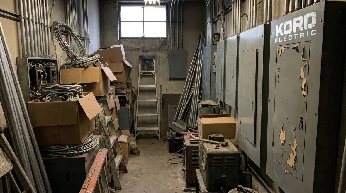Overcrowded electrical room showing poor NEC work space dimensions compliance