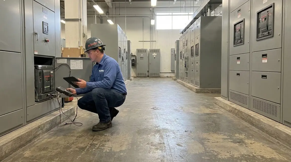 Electrician maintaining energized equipment with proper NEC work space clearance