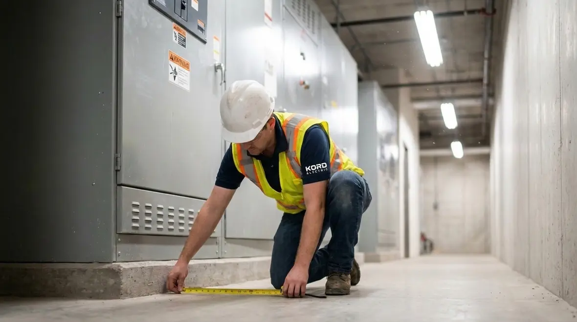 Electrician verifying NEC work space dimensions code clearance in a commercial electrical room