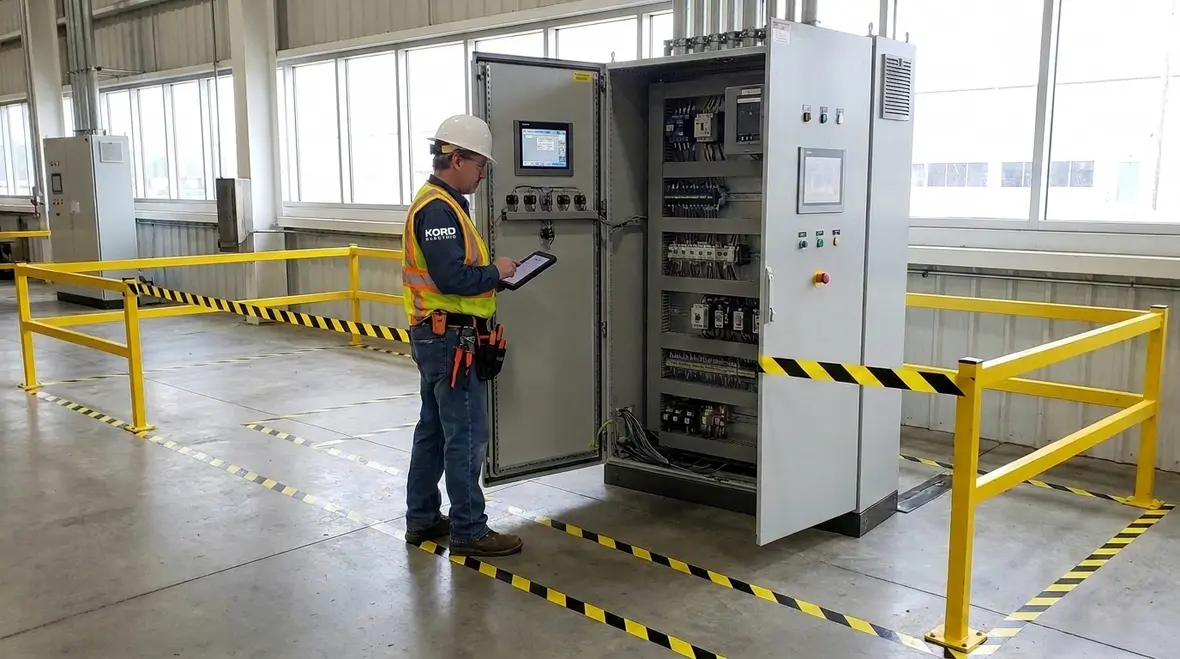 Electrician verifying NEC work space guarding requirements around commercial electrical switchgear
