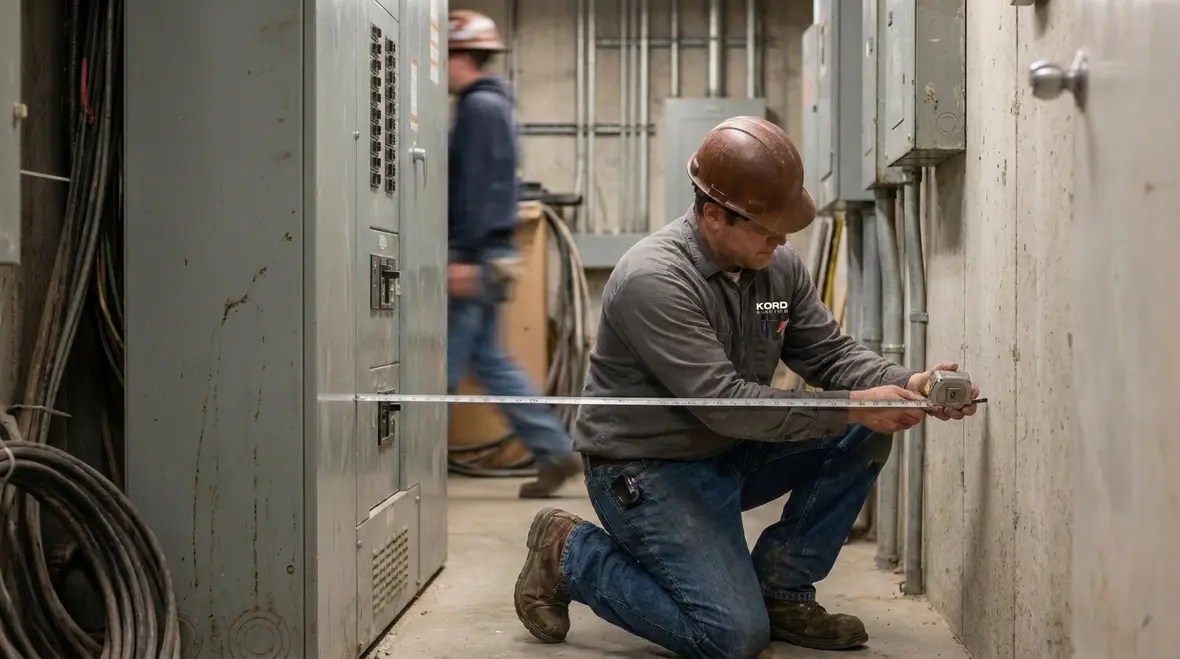 Technician reviewing NEC working space equipment clearances around electrical panels