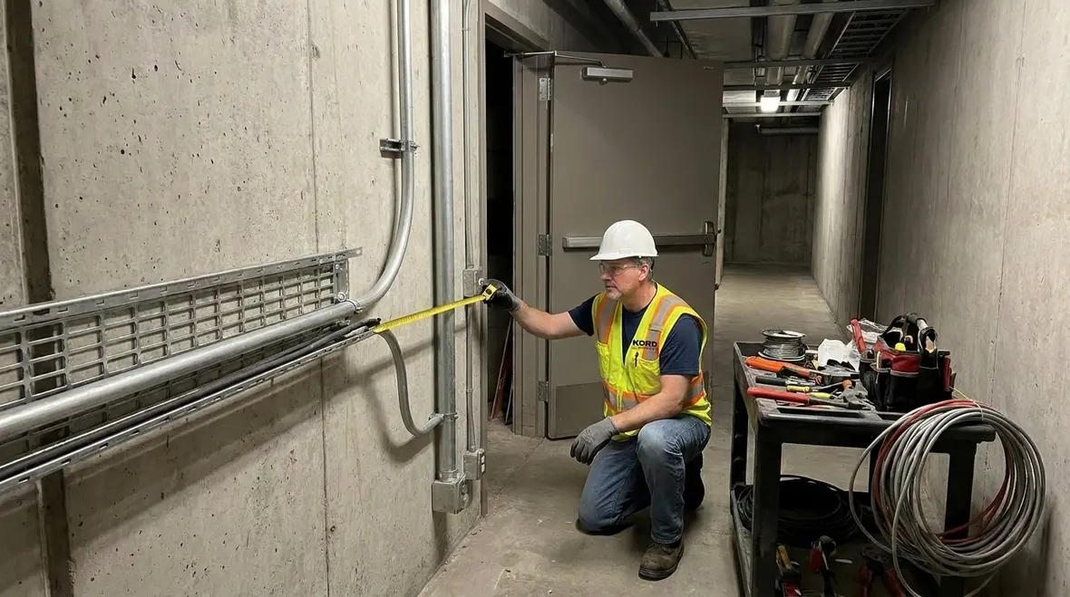 Kord Electric technicians assessing NEC working space equipment clearances in a commercial facility