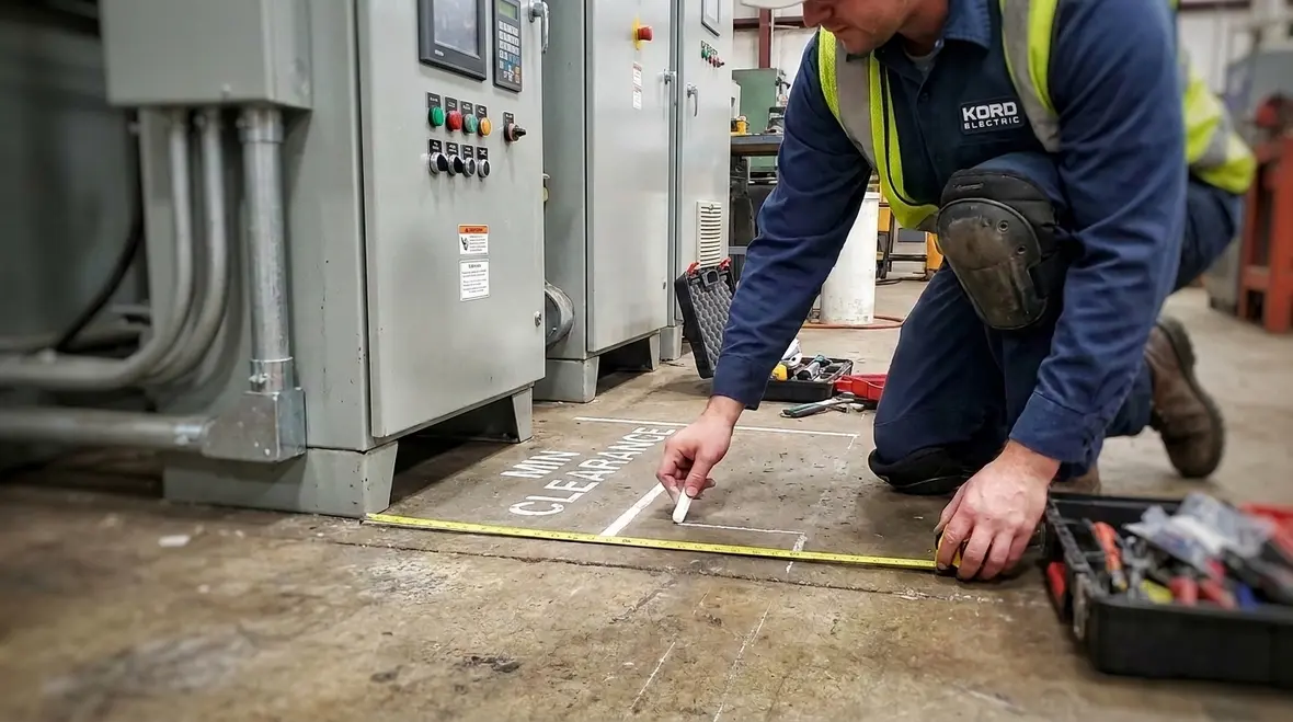 Electrical room layout showing NEC working space equipment clearances