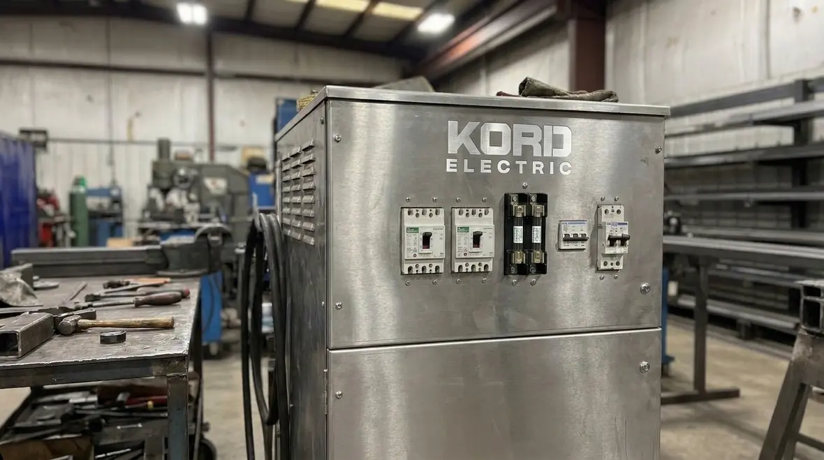 Technician reviewing NFPA 70 Section 630.32 welding transformer overcurrent settings in a commercial electrical room