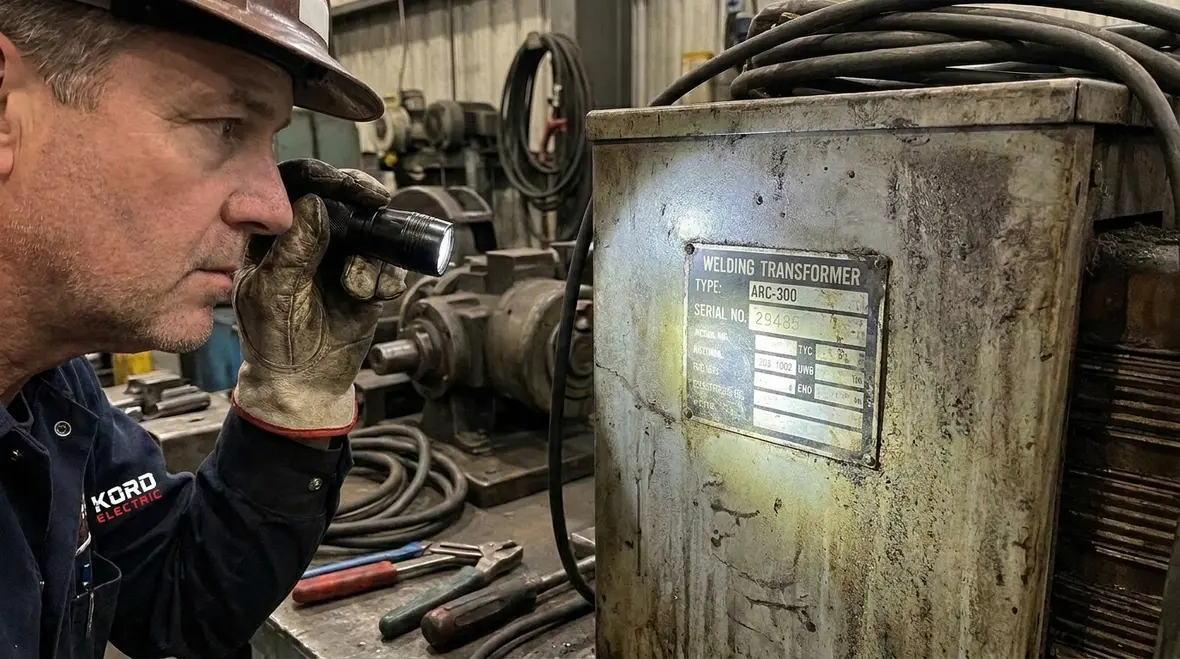 Commercial welding transformers installed with NEC compliant markings and clear access for inspection