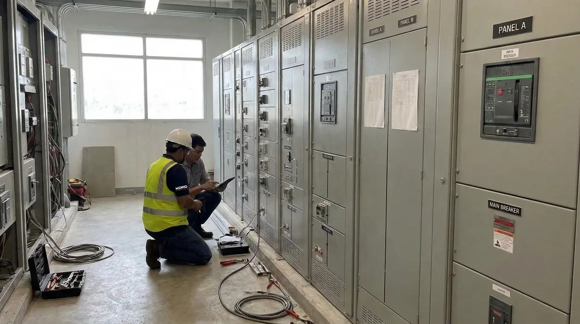 Electrician reviewing NFPA 70 Section 630.34 welding transformer marking labels on a commercial welding setup