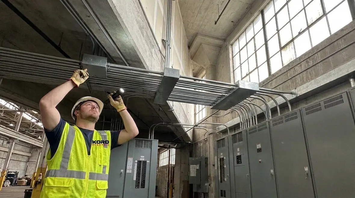 Technician reviewing NFPA 70 Section 640.23 audio conduit requirements for a commercial audio system