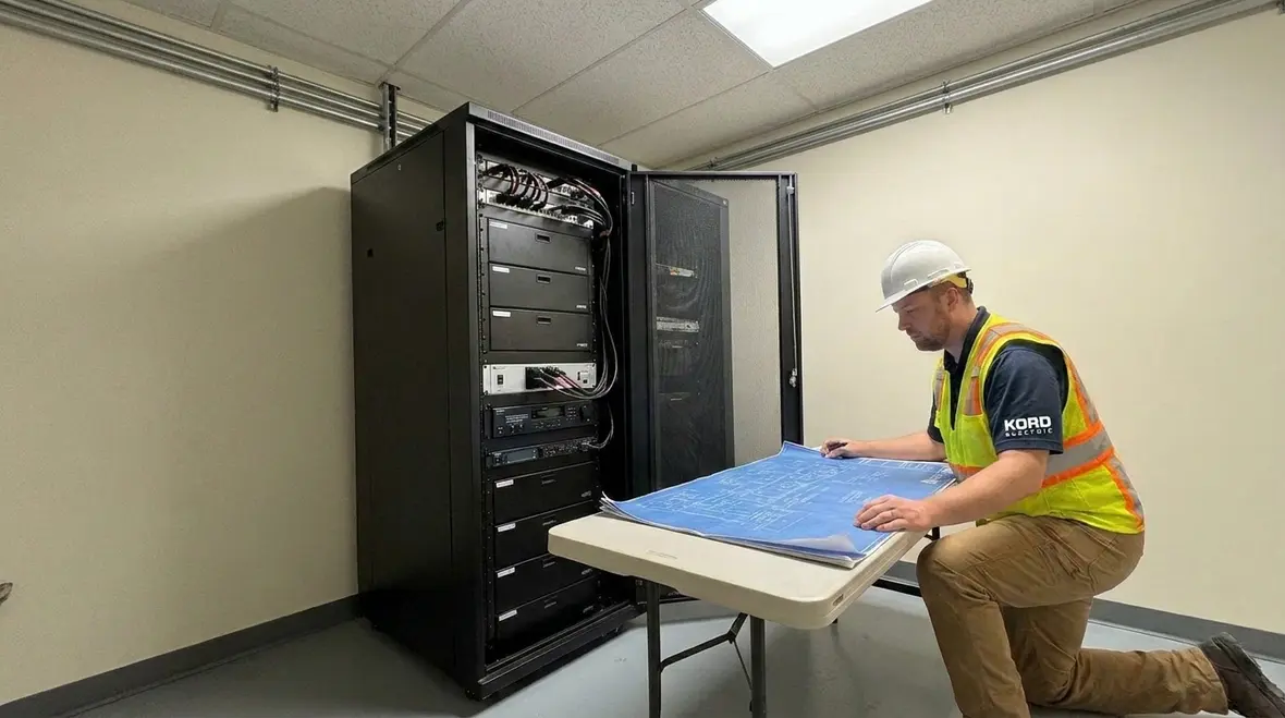 Technician reviewing NEC audio circuit protection plan for a commercial facility