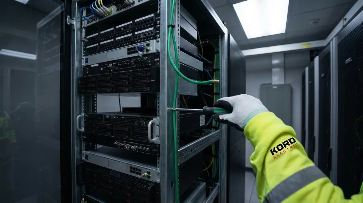 Rack-mounted audio equipment with NEC-compliant grounding and bonding in a large property building