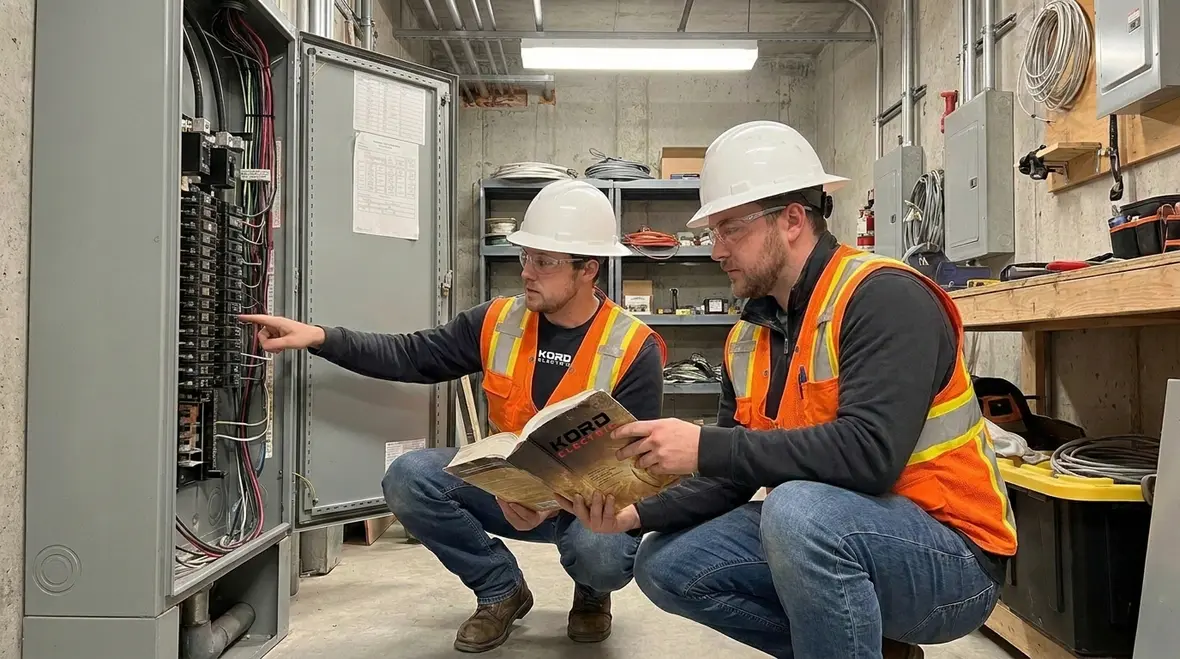Technician inspecting NFPA 70 Section 640.7 audio equipment grounding connections in a commercial facility