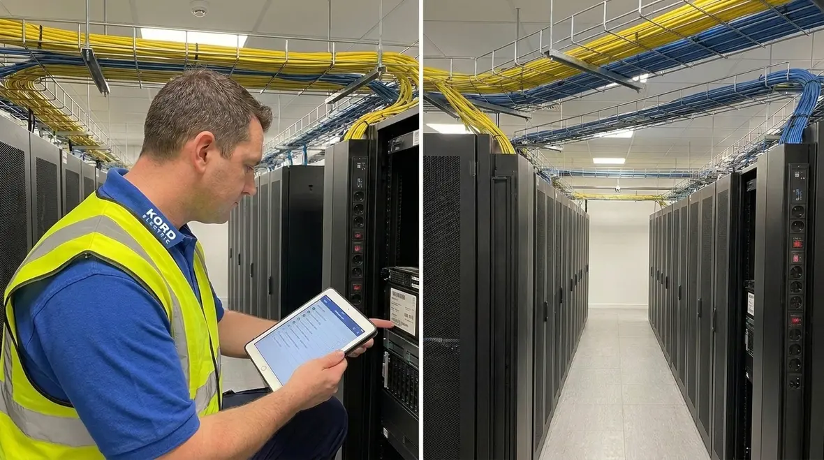 Technician reviewing NFPA 70 Section 645.1 IT equipment power distribution