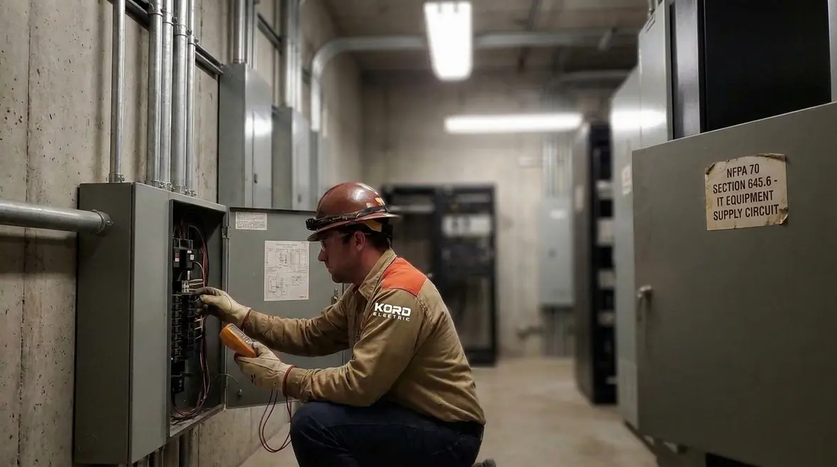 Technician reviewing NFPA 70 Section 645.6 IT supply circuit drawings