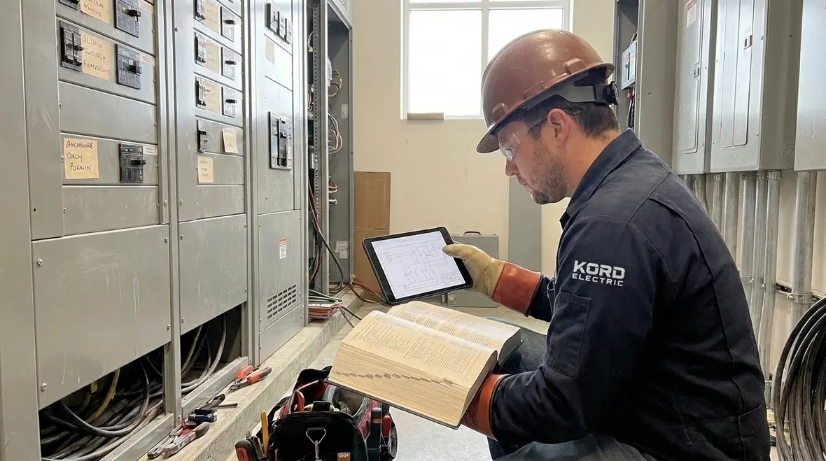 Technician inspecting NEC Section 647.8 electric sign receptacles installation