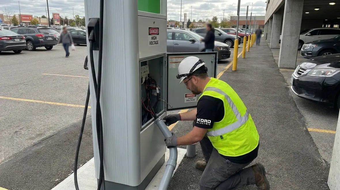 Technicians reviewing NEC Section 650.4 EV charging plans in a commercial facility