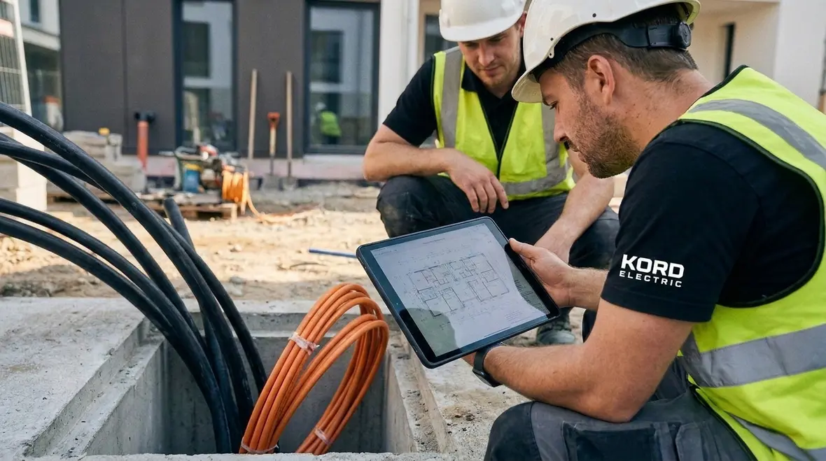 Technicians reviewing EV charging plans for NEC compliance