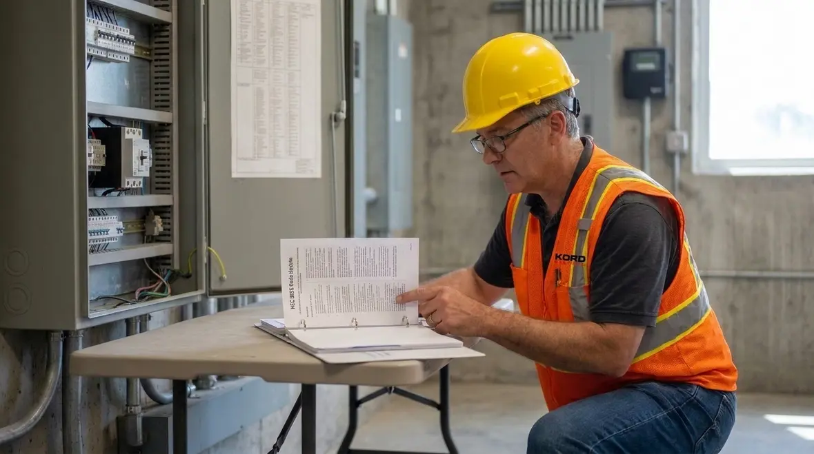 Technician reviewing NEC Section 660.3 reconditioned discharge lighting documentation