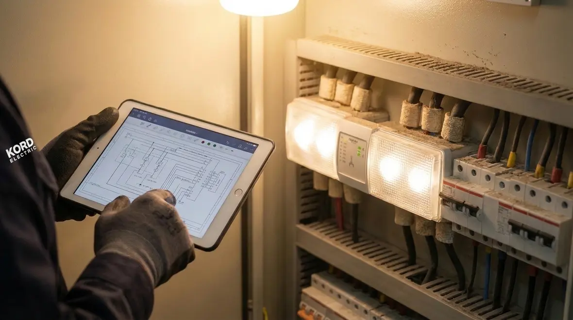 Technician reviewing NEC Section 660.24 discharge lighting control in a commercial lab
