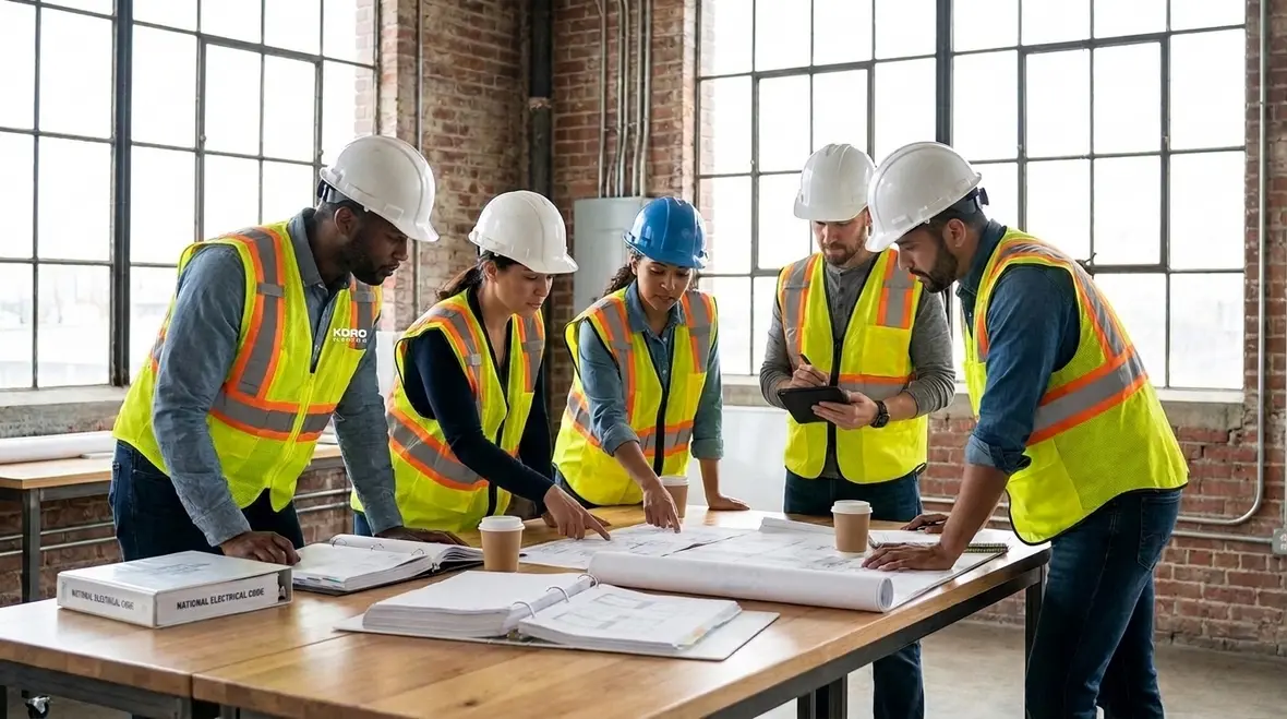 Technician reviewing NEC Section 660.36 discharge lighting capacitor layout