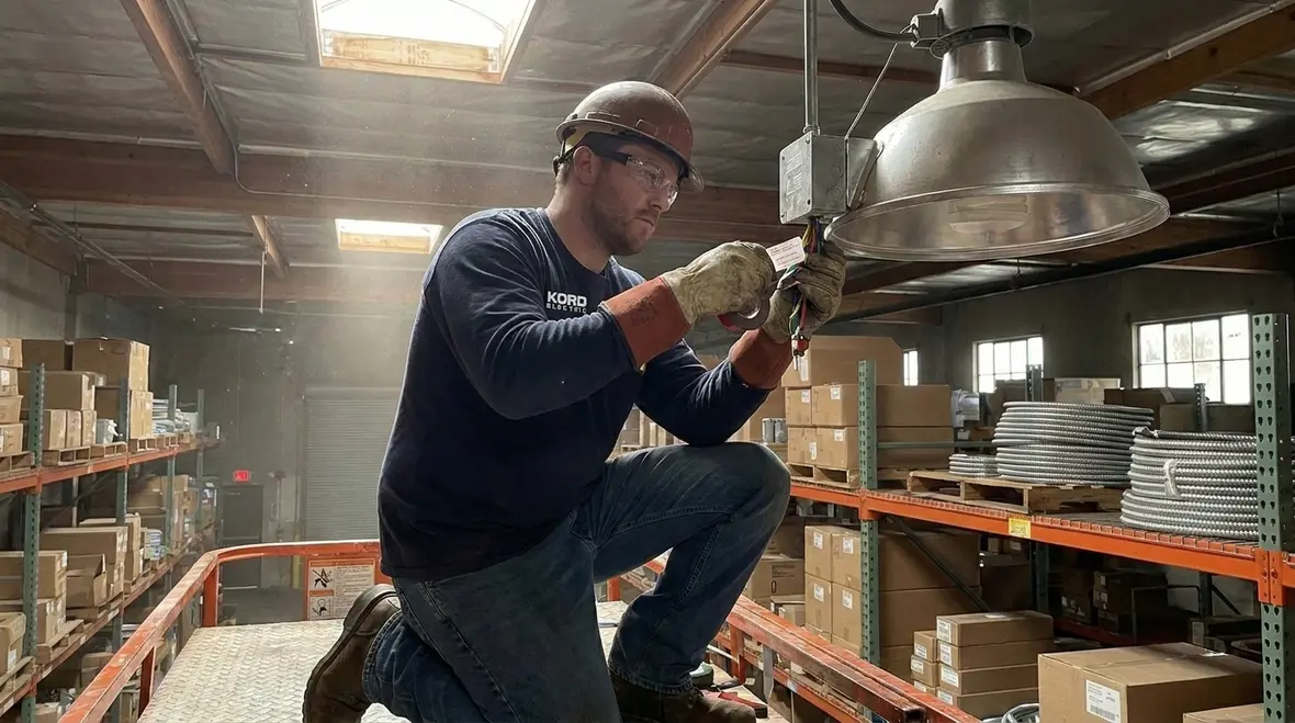 Technician checking NEC-compliant discharge lighting connections in an industrial facility