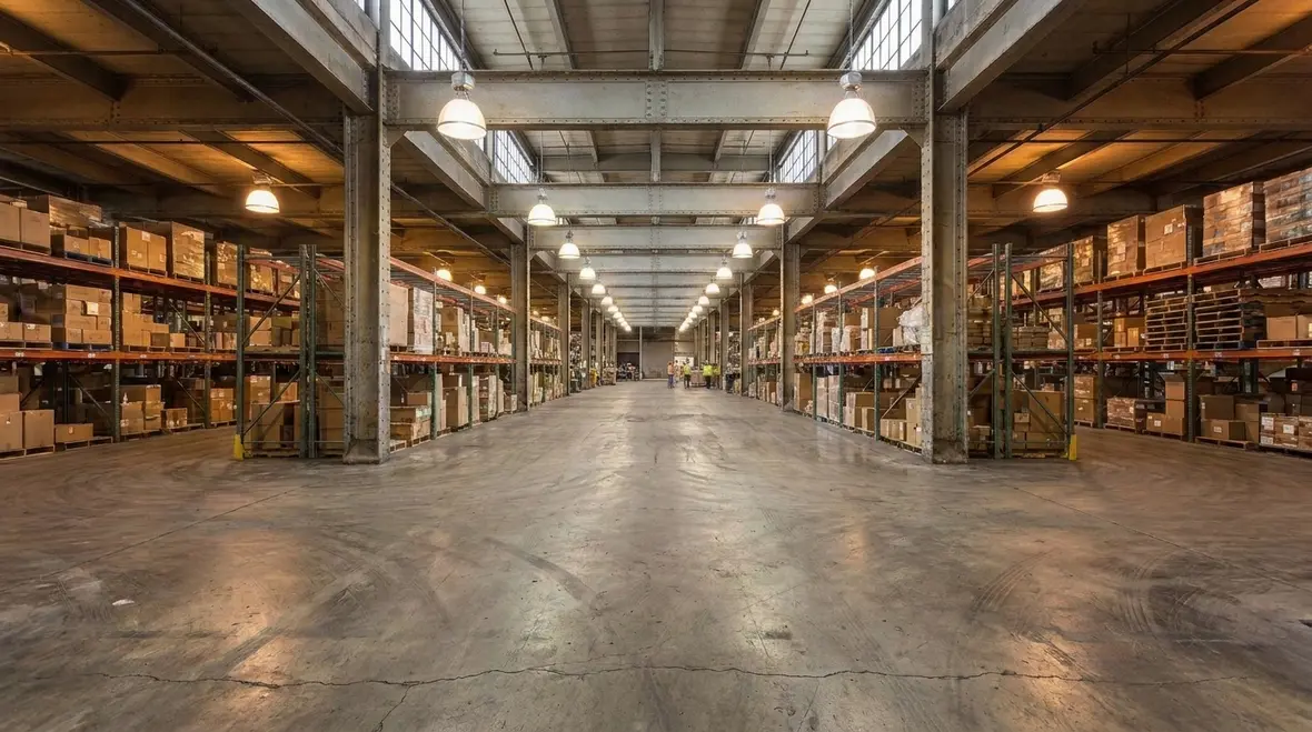 Discharge lighting fixtures installed in a large commercial warehouse