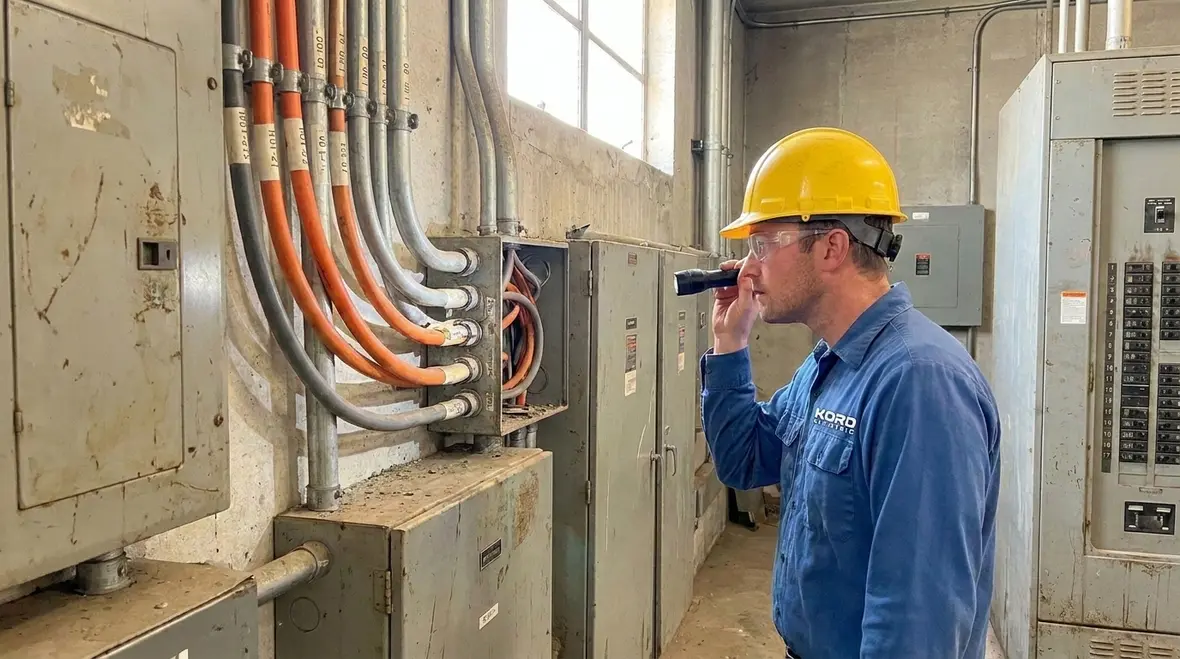 Technician reviewing NEC 660.7 discharge lighting conductor ratings in an electrical room