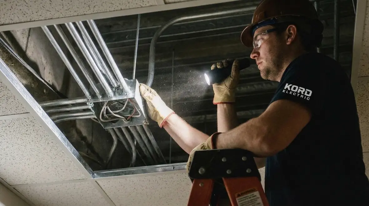 Commercial discharge lighting conductors being checked for NEC compliance