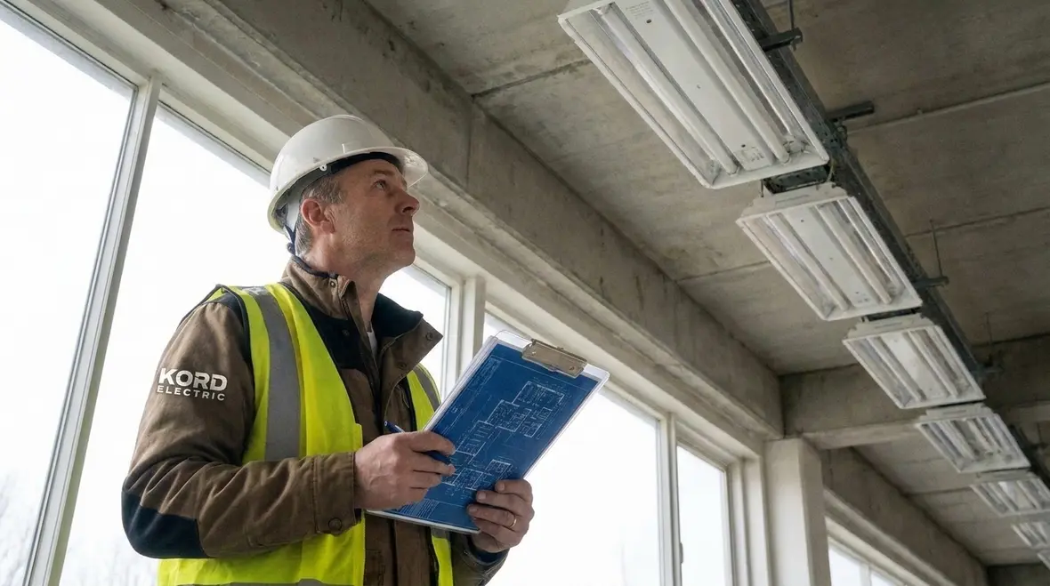 Technician inspecting NEC 660.9 discharge lighting conductors in a commercial electrical panel