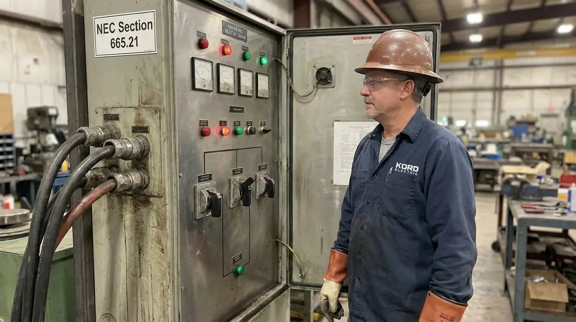 Technician inspecting NEC Section 665.21 dielectric heating control panel in an industrial facility
