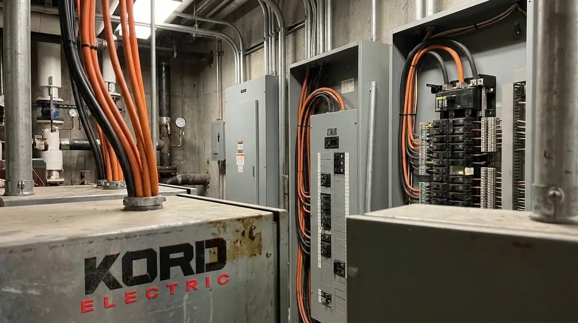 Commercial building mechanical room with dielectric heating hazard labels applied