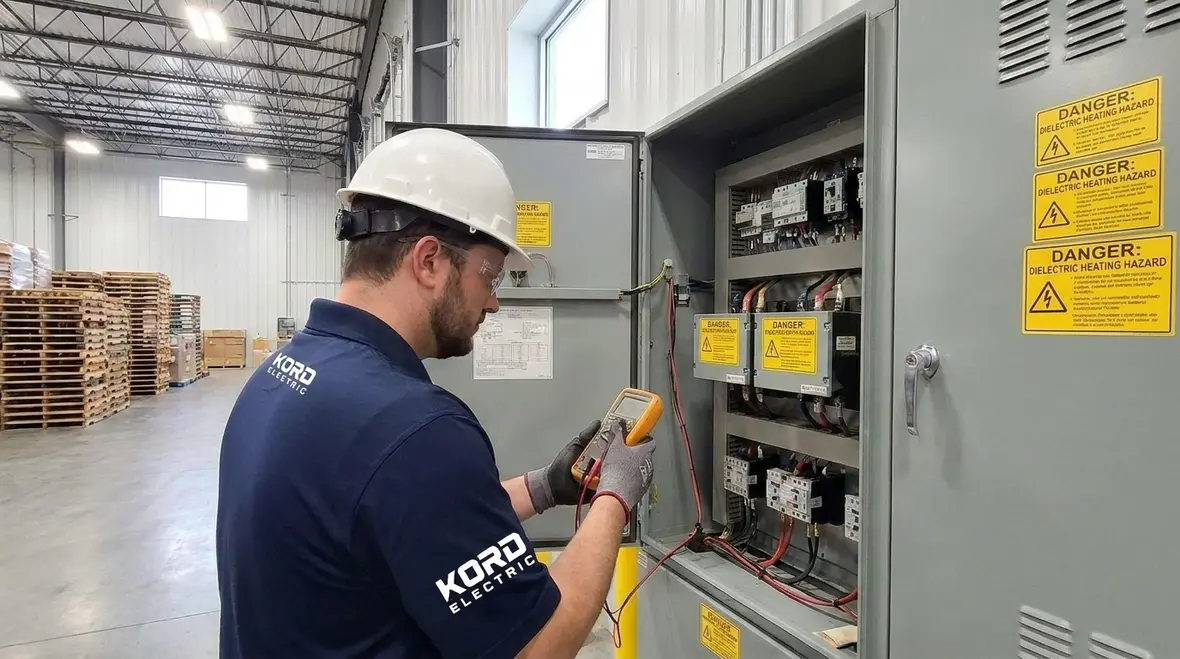 Technician reviewing dielectric heating hazard label placement near electrical equipment