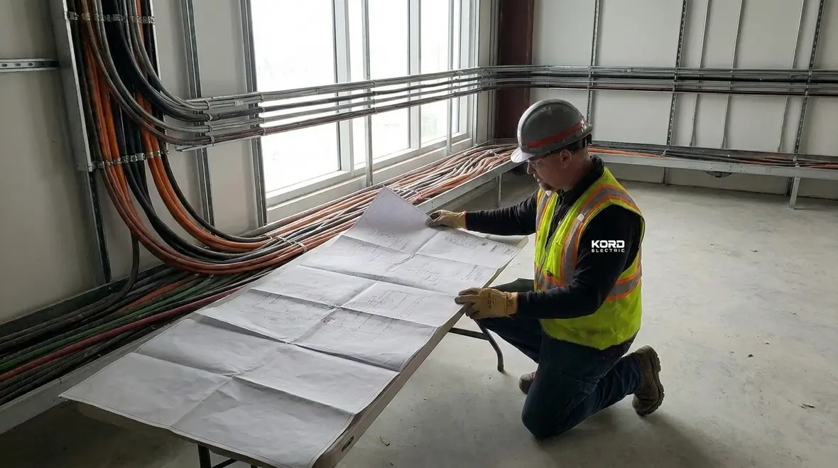 Technician reviewing dielectric heating shielding plans for NEC Section 665.25