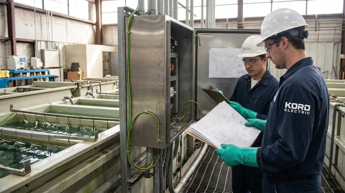 Industrial electroplating line with compliant electrical installation