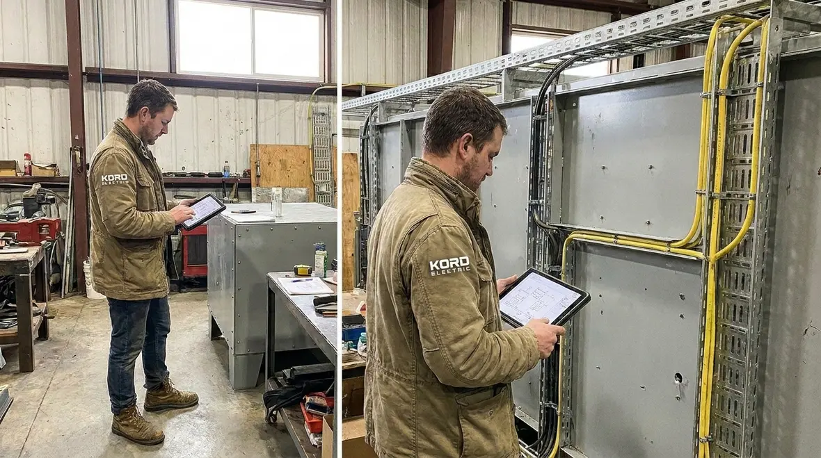 Technician inspecting electrical bonding and grounding near plating equipment