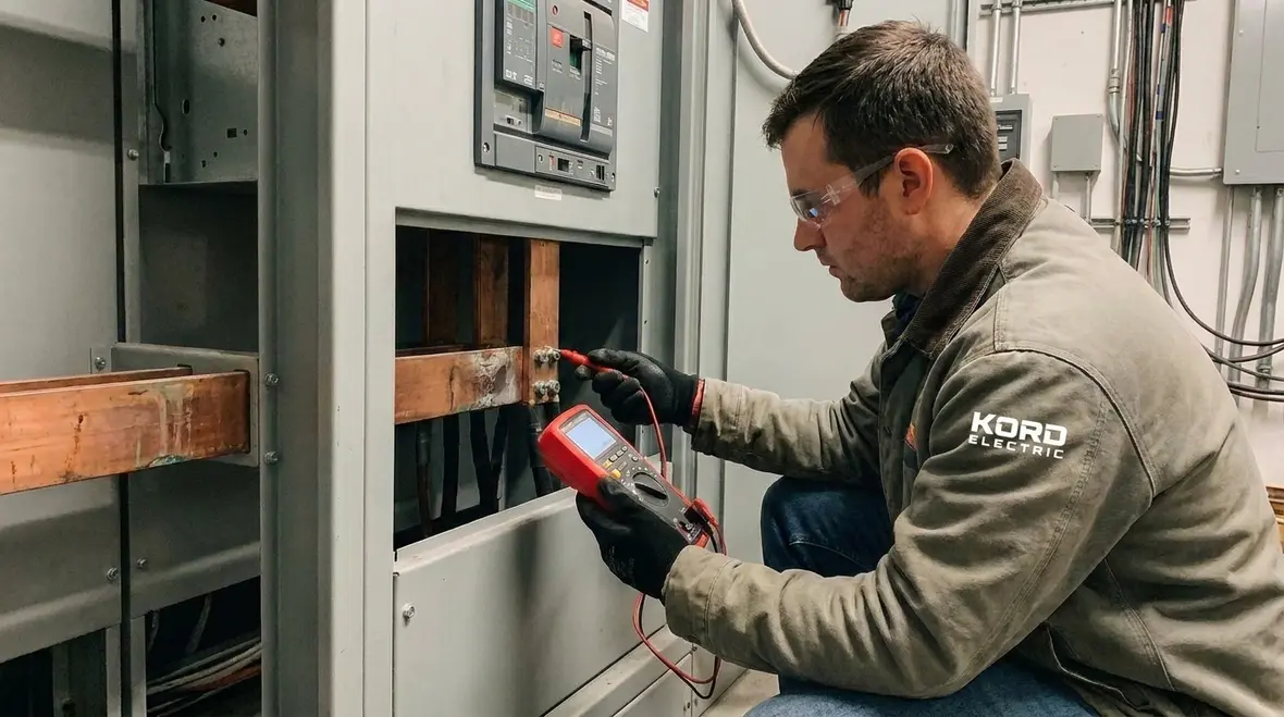 Technician inspecting plated and shunted connections in a commercial electrical room