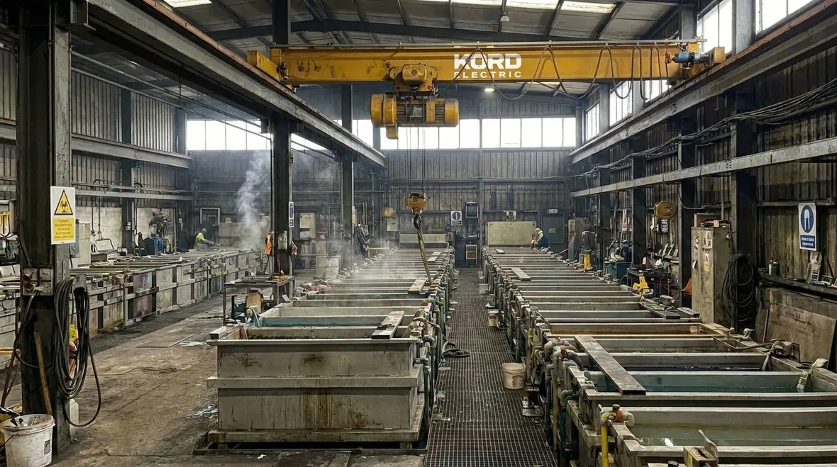 Plating tanks with overhead crane system and protected electrical enclosures