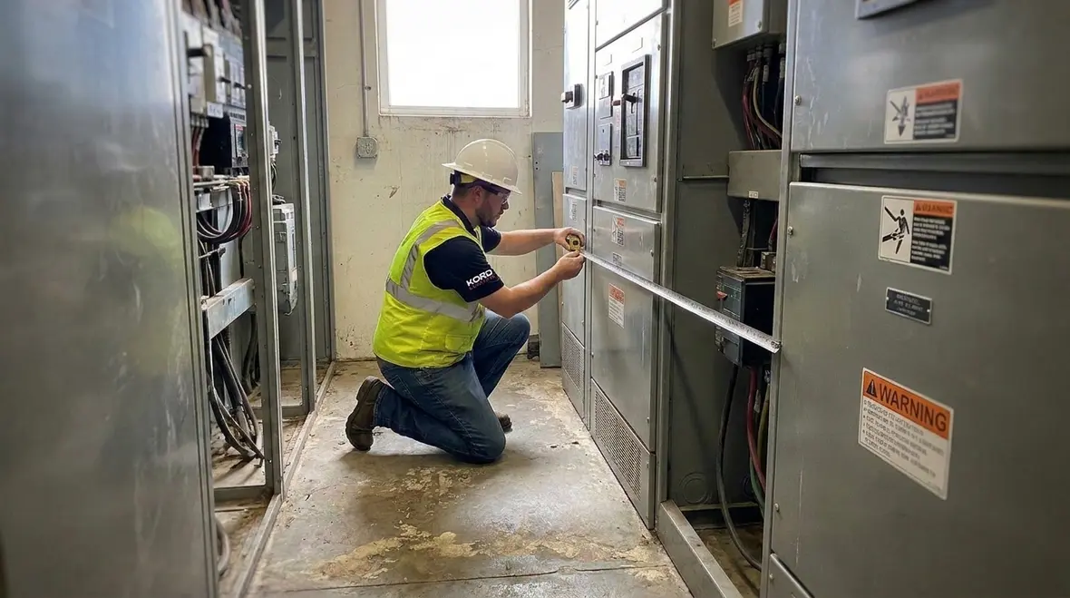 Technicians maintaining gear in a clear NEC-compliant electrical room