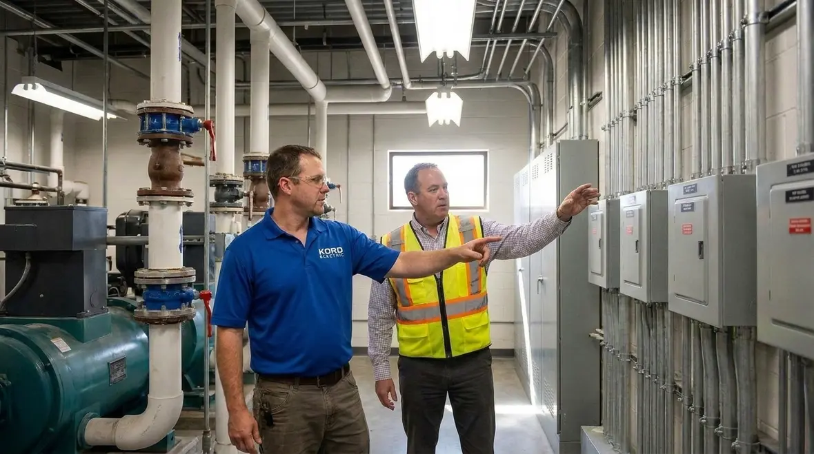 Technician reviewing NFPA 70 electrical equipment room requirements